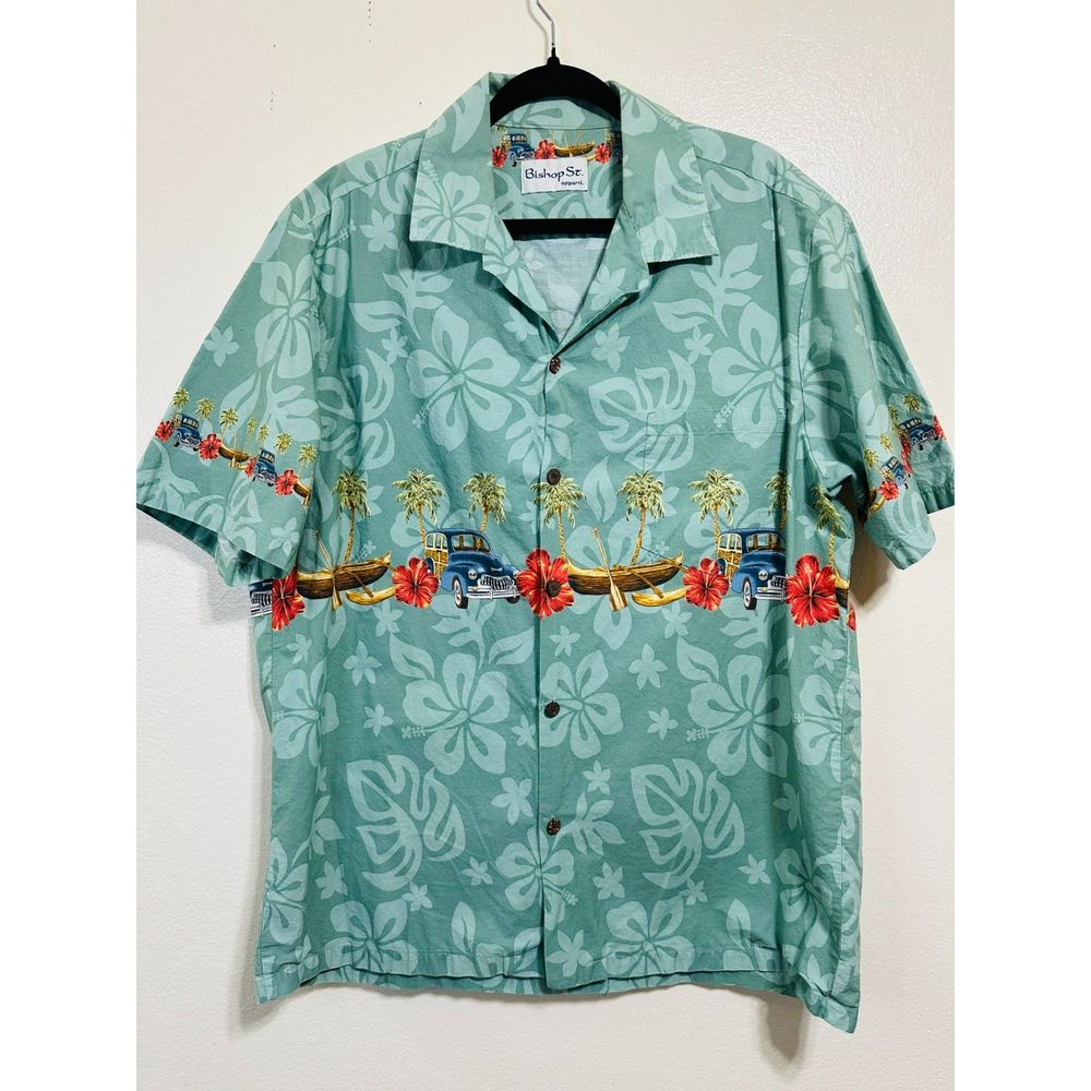 Bishop Street Hawaiian Men's Woody Outrigger Vintage Button Down Shirt, Size XL
